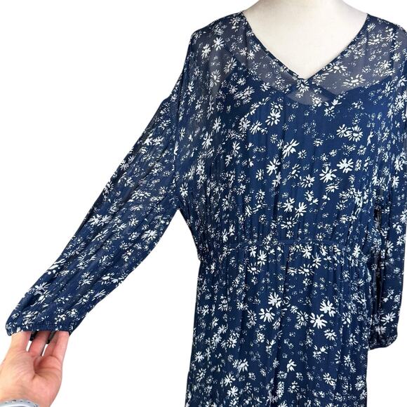 Free People Navy White Floral Long Sleeve Back Tie Blouson Bohemian Midi Dress - Picture 7 of 16